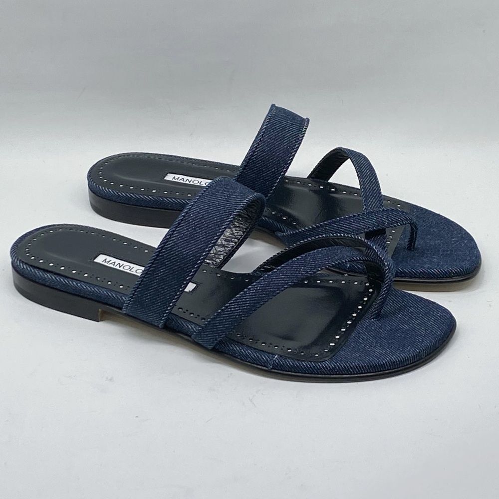 Manolo Blahnik Susaperf Cotton Flat Sandals size 37 - Picture 2 of 13